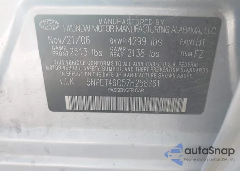 2007 Hyundai Sonata Gls from USA, damaged, VIN 5NPET46C57H258761